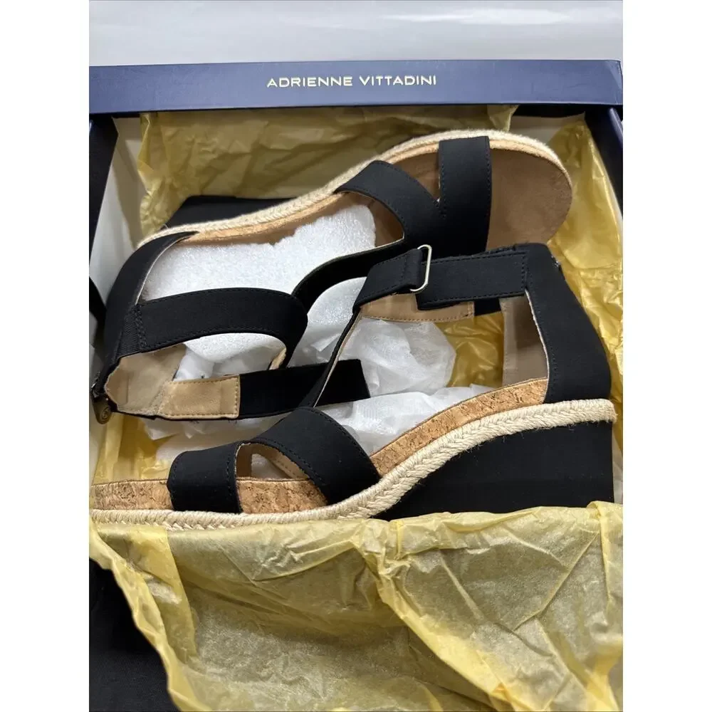 ADRIENNE VITTADINI TRIVIA Wedge Sandals Black Ankle Strap Women's Size 8.5 New
